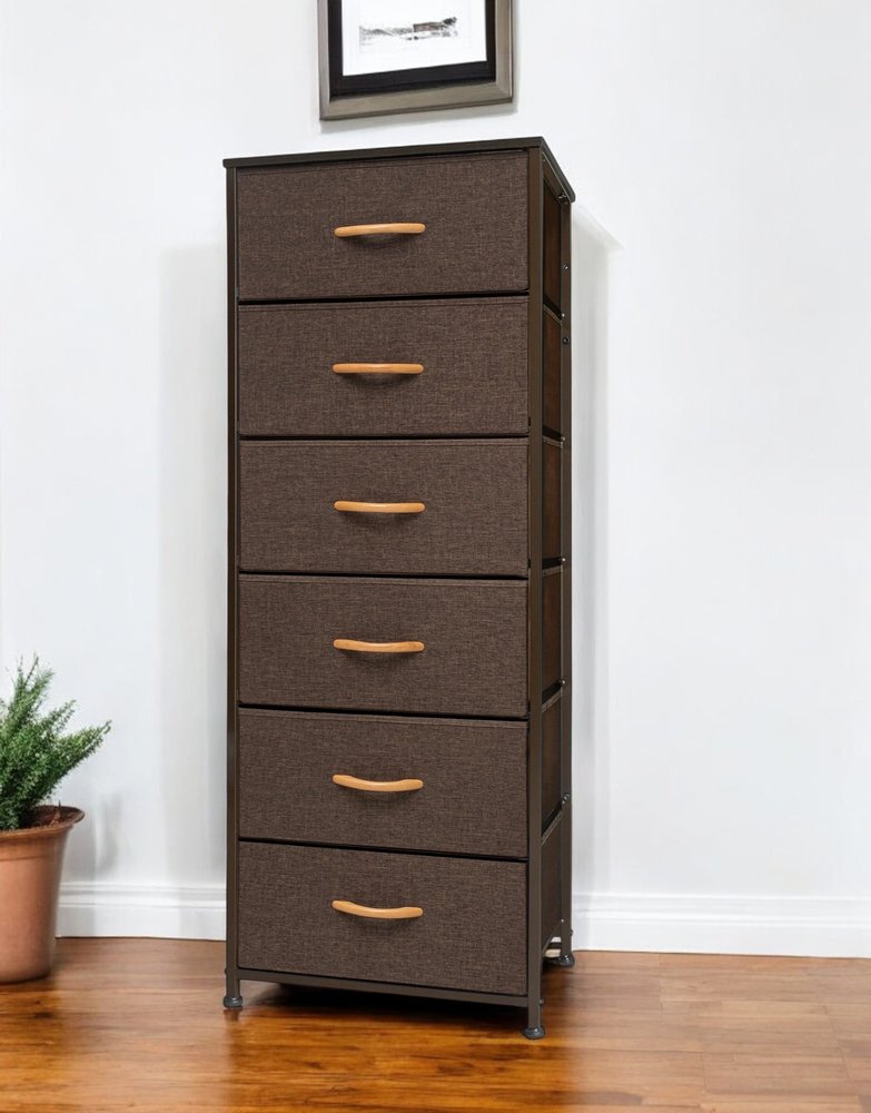 18" Brown Steel and Fabric Six Drawer Chest