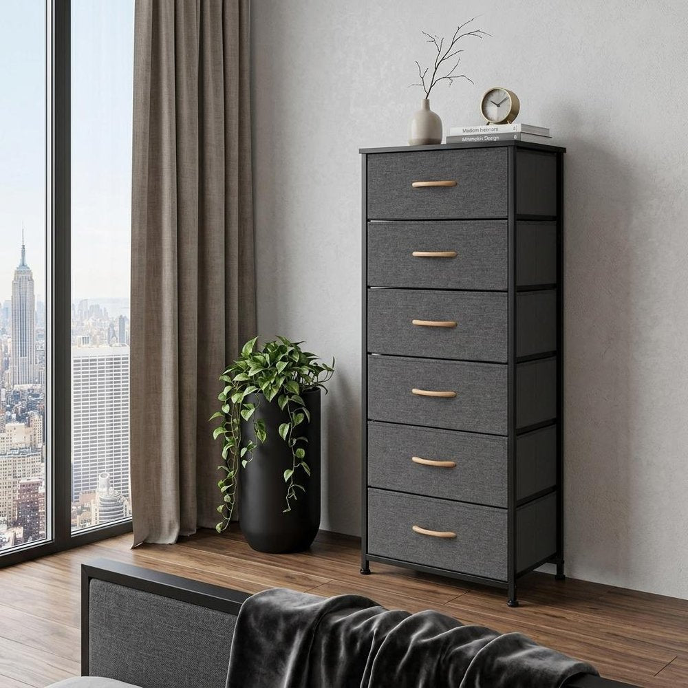 18" Gray Wood Steel And Fabric Six Drawer Dresser
