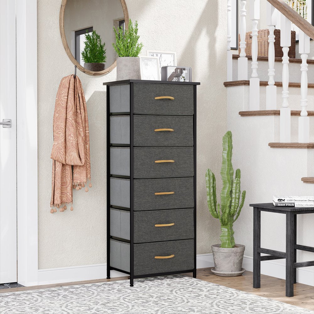 18" Gray And Black Steel And Fabric Six Drawer Dresser