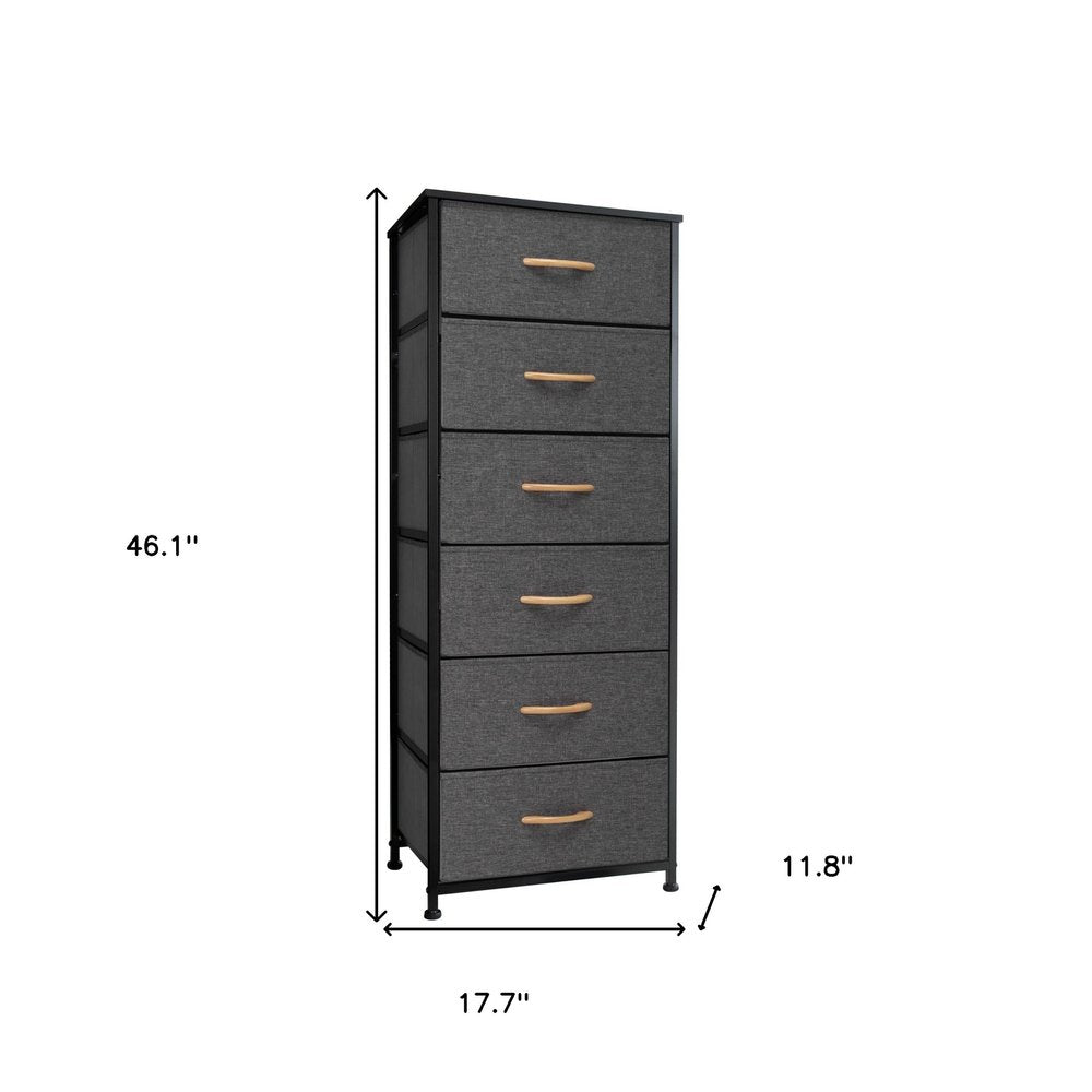 18" Gray And Black Steel And Fabric Six Drawer Dresser