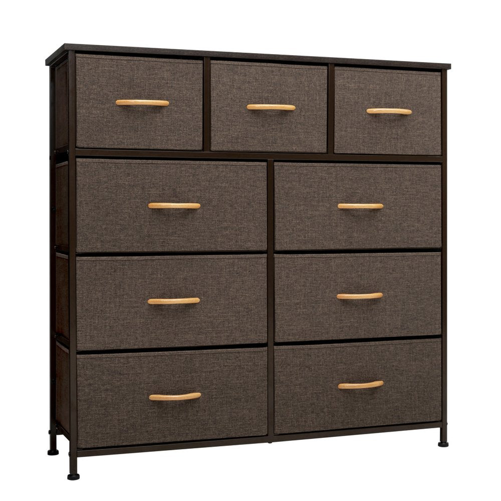 39" Brown Wood Steel And Fabric Nine Drawer Double Dresser