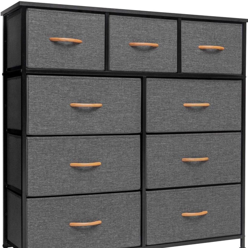 39" Gray Wood Steel And Fabric Nine Drawer Triple Dresser