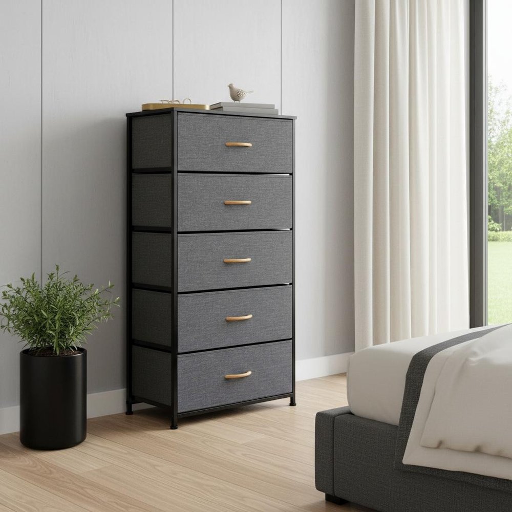 23" Gray and Black Steel and Fabric Five Drawer Chest