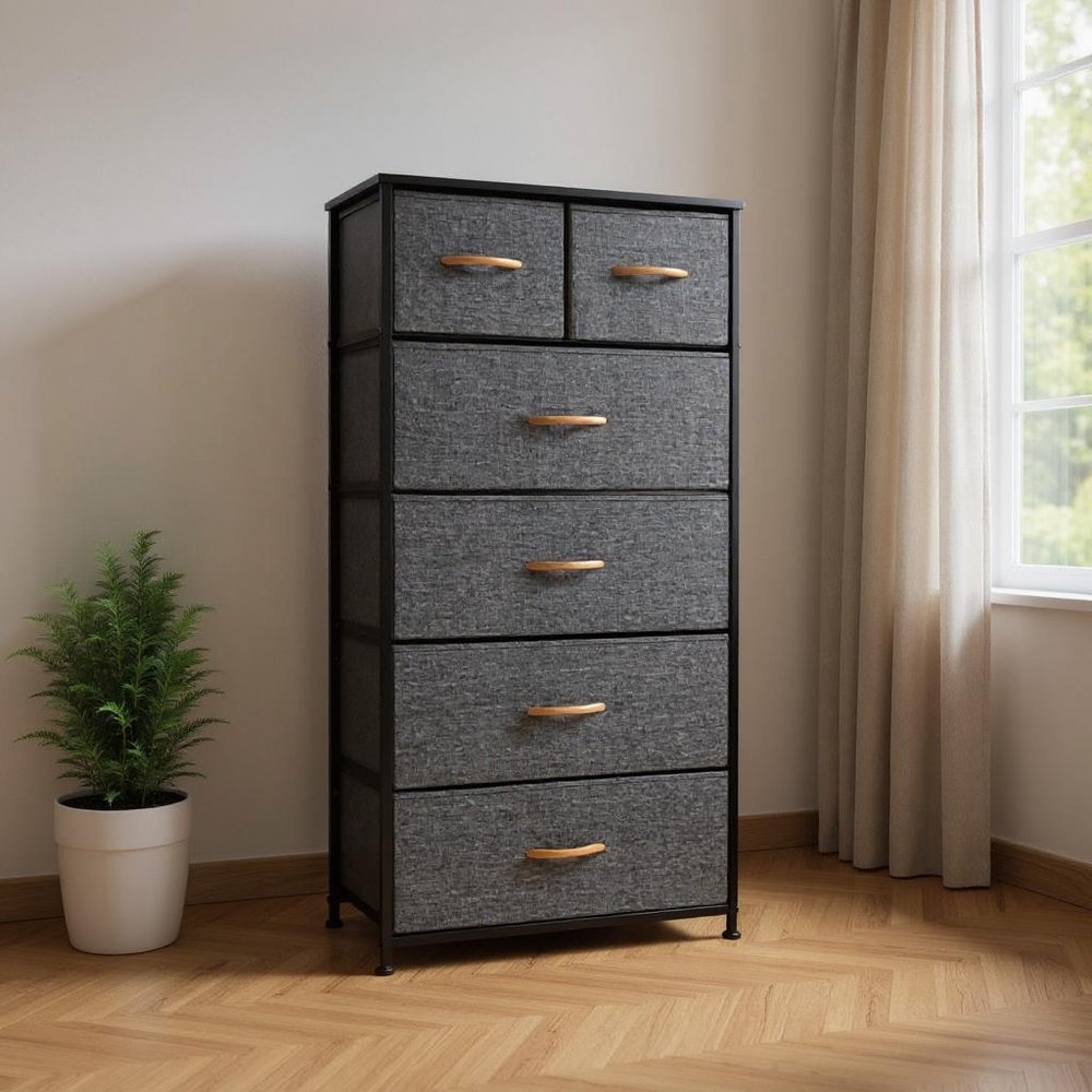 23" Gray and Black Steel and Fabric Six Drawer Chest