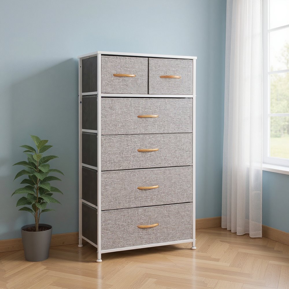 23" Gray and White Steel and Fabric Six Drawer Chest