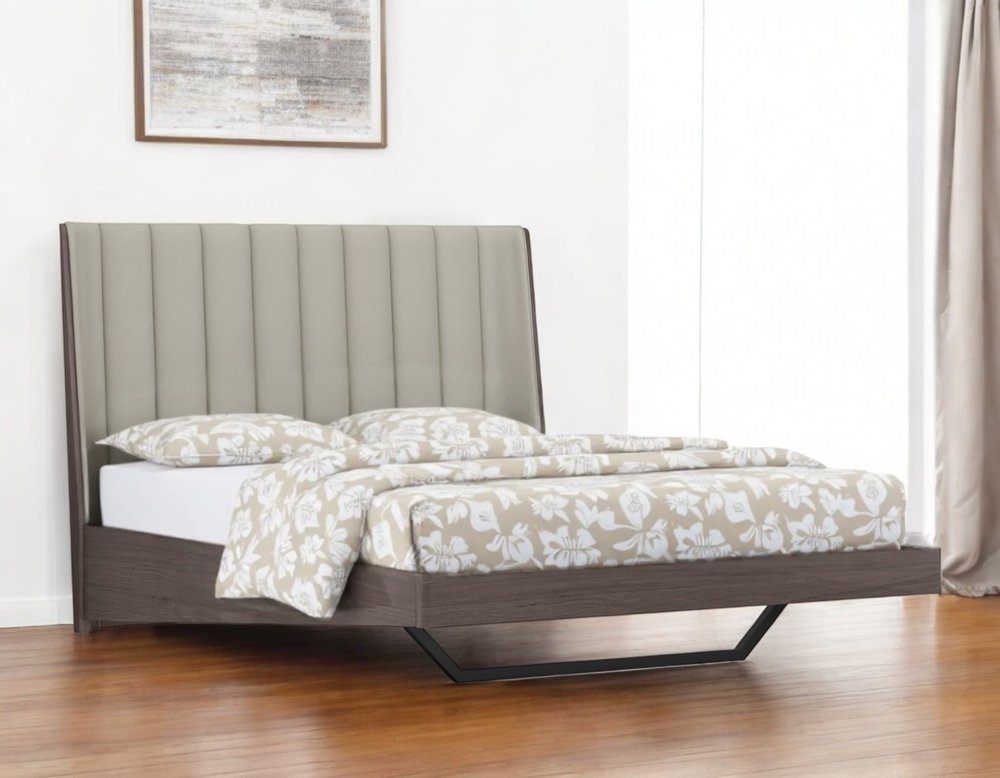 Queen Grey Upholstered Faux Leather and Ivory Gloss Bed Frame
