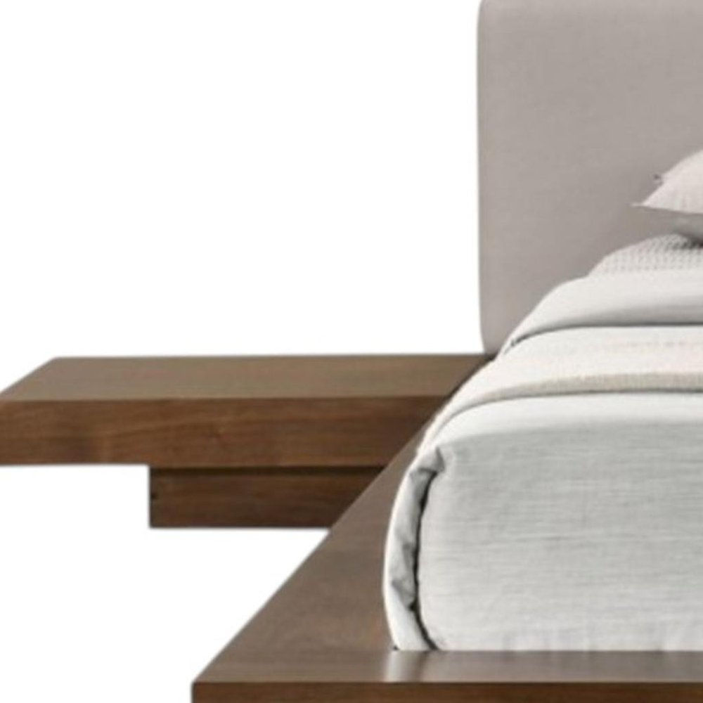 Gray and Walnut Wood And Faux Leather Queen Bed Frame With Attached Nightstands