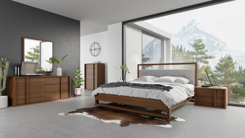 Brown and Gray Wood Tufted Upholstered King Bed Frame