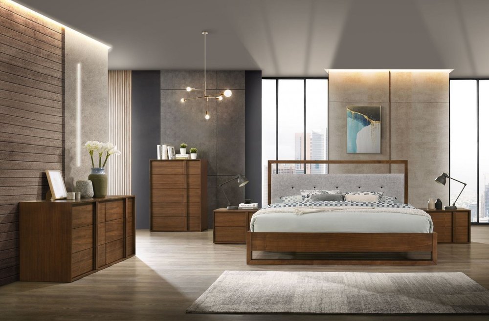 Brown and Gray Wood Tufted Upholstered King Bed Frame