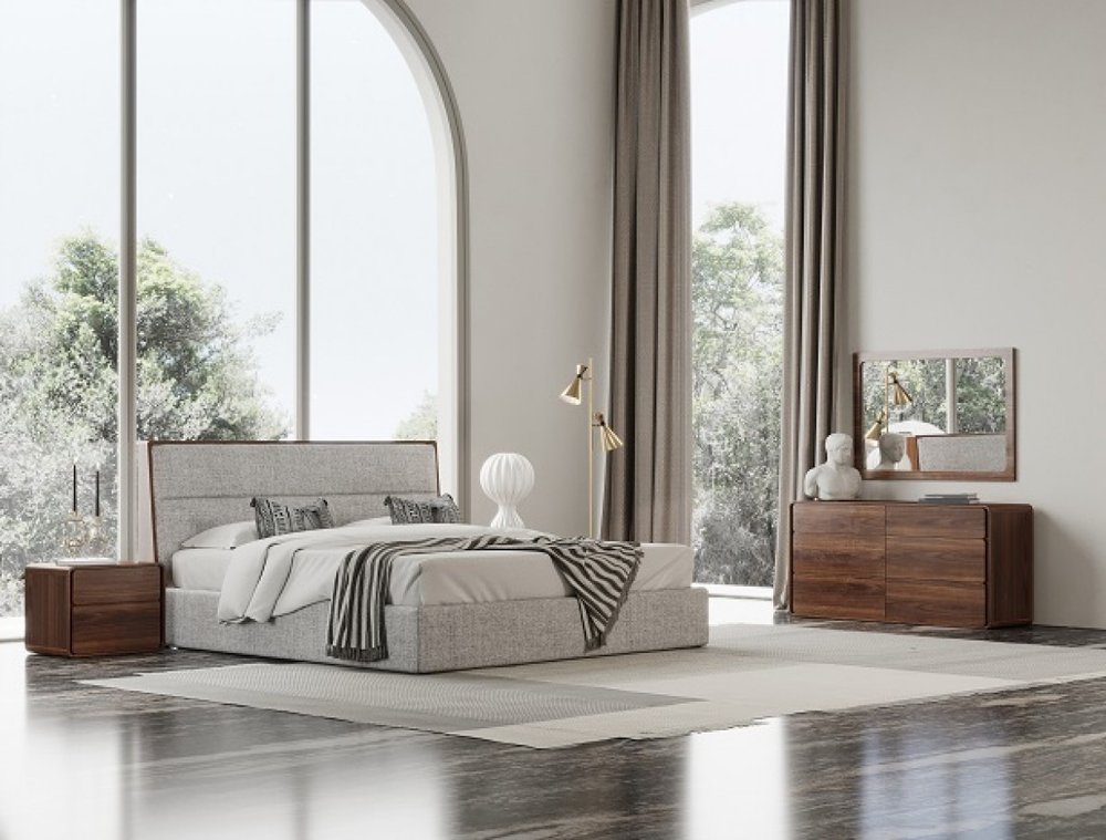 Brown and Gray Wood Upholstered Queen Bed Frame
