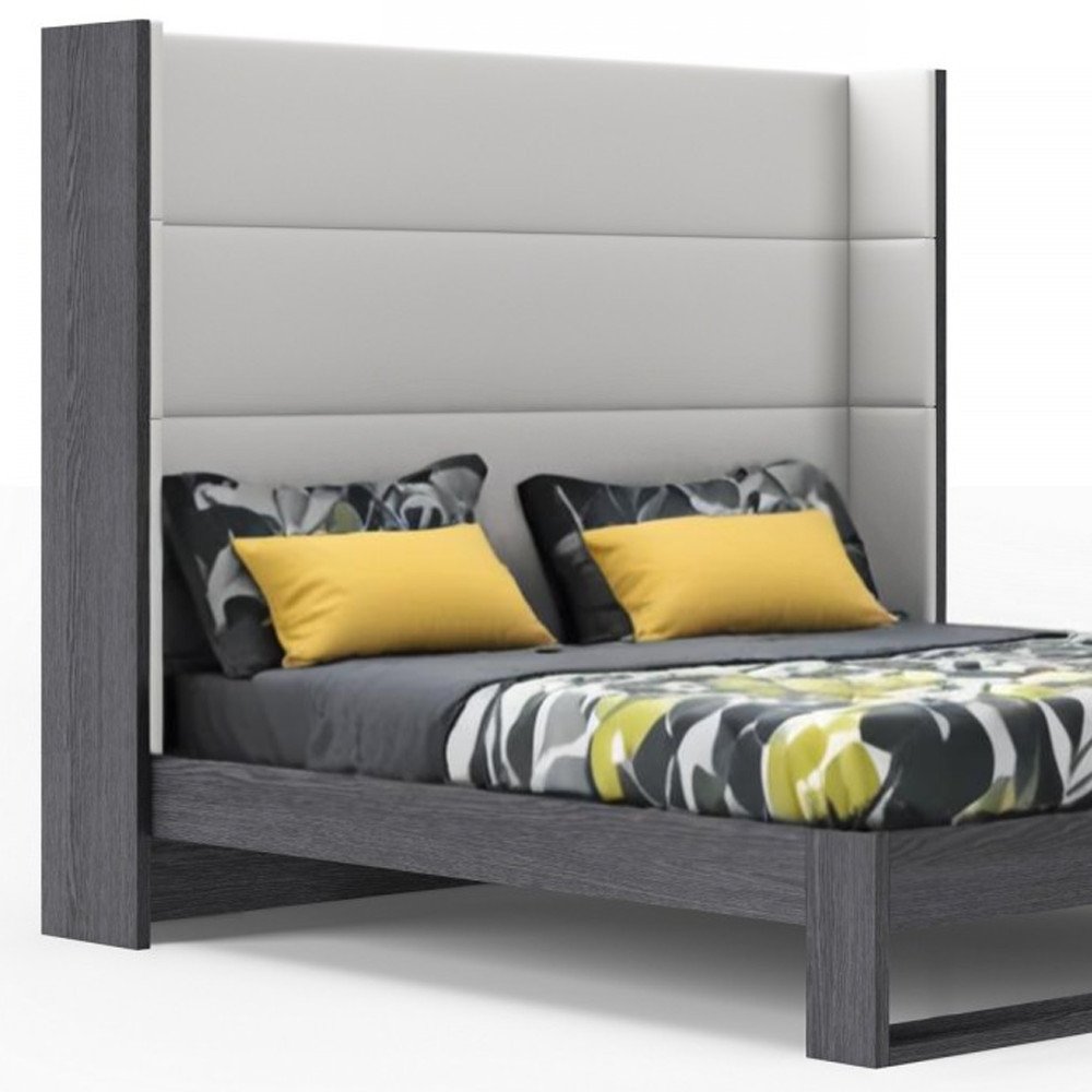 Gray and White Wood And Faux Leather King Bed Frame