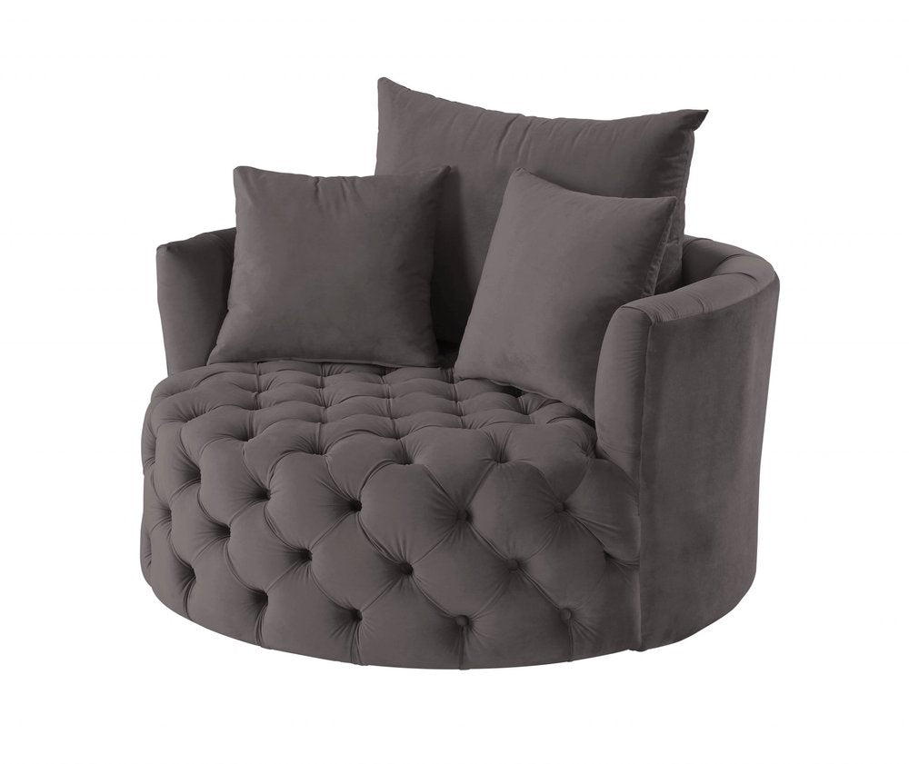 43" Gray Velvet Tufted Swivel Barrel Chair And Toss Pillows