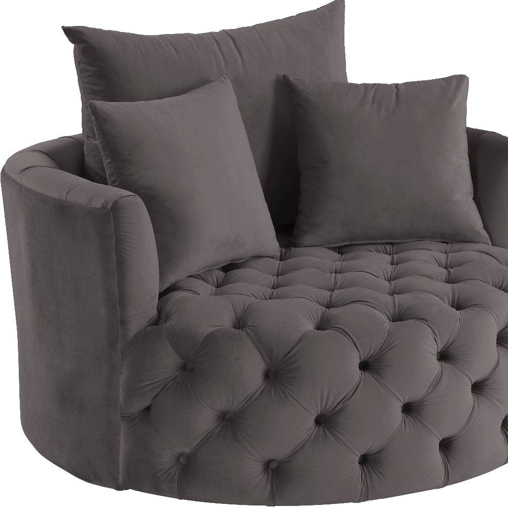 43" Gray Velvet Tufted Swivel Barrel Chair And Toss Pillows