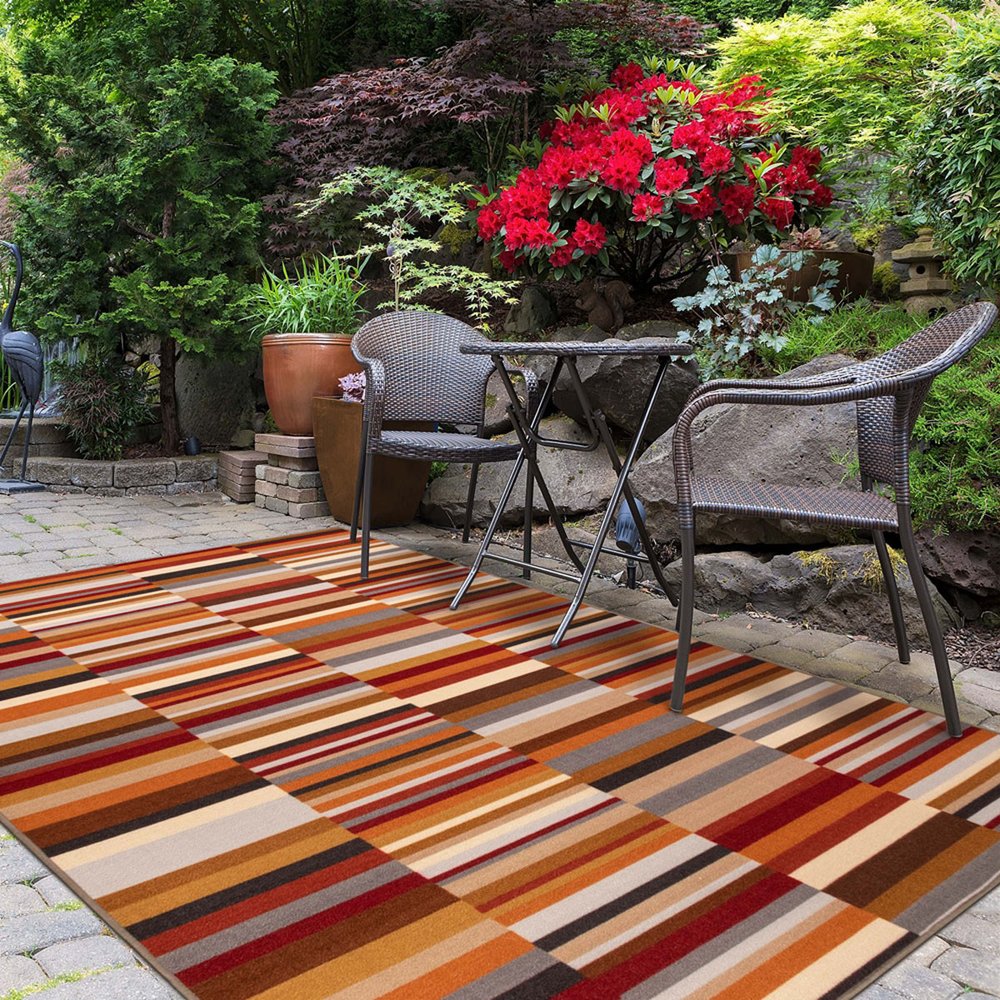 5' X 8' Gray Orange And Red Striped Washable Indoor Outdoor Area Rug
