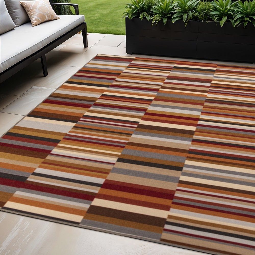 5' X 8' Gray Orange And Red Striped Washable Indoor Outdoor Area Rug