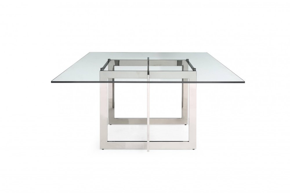 59" Clear And Gunmetal Square Glass And Stainless Steel Pedestal Base Dining Table