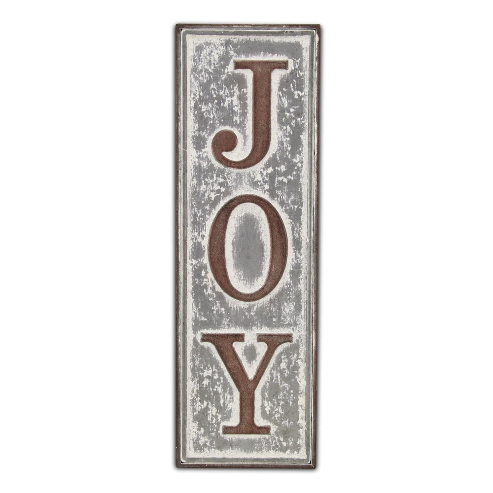 19" X 6" Gray and Brown Handcrafted Joy Metal Wall Decor