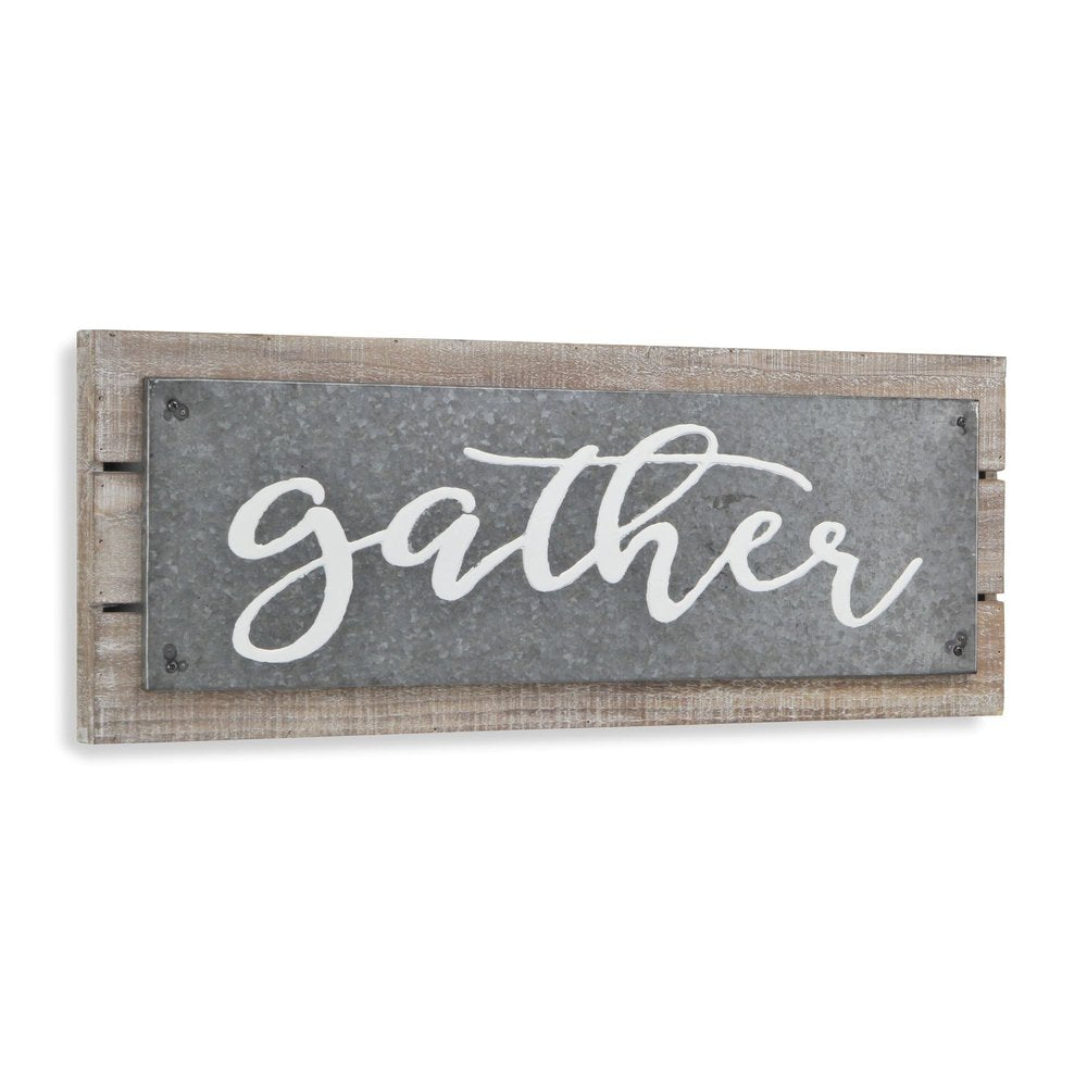 10" X 25" Brown and Gray Gather Wood and Metal Wall Decor