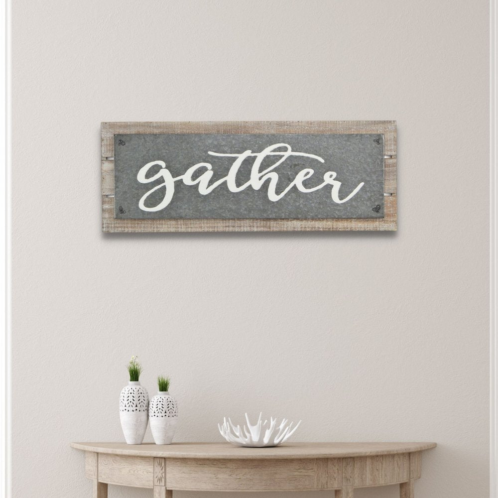 10" X 25" Brown and Gray Gather Wood and Metal Wall Decor