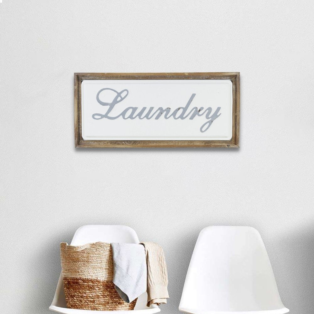 11" X 24" Brown and White Laundry Wood and Metal Wall Decor