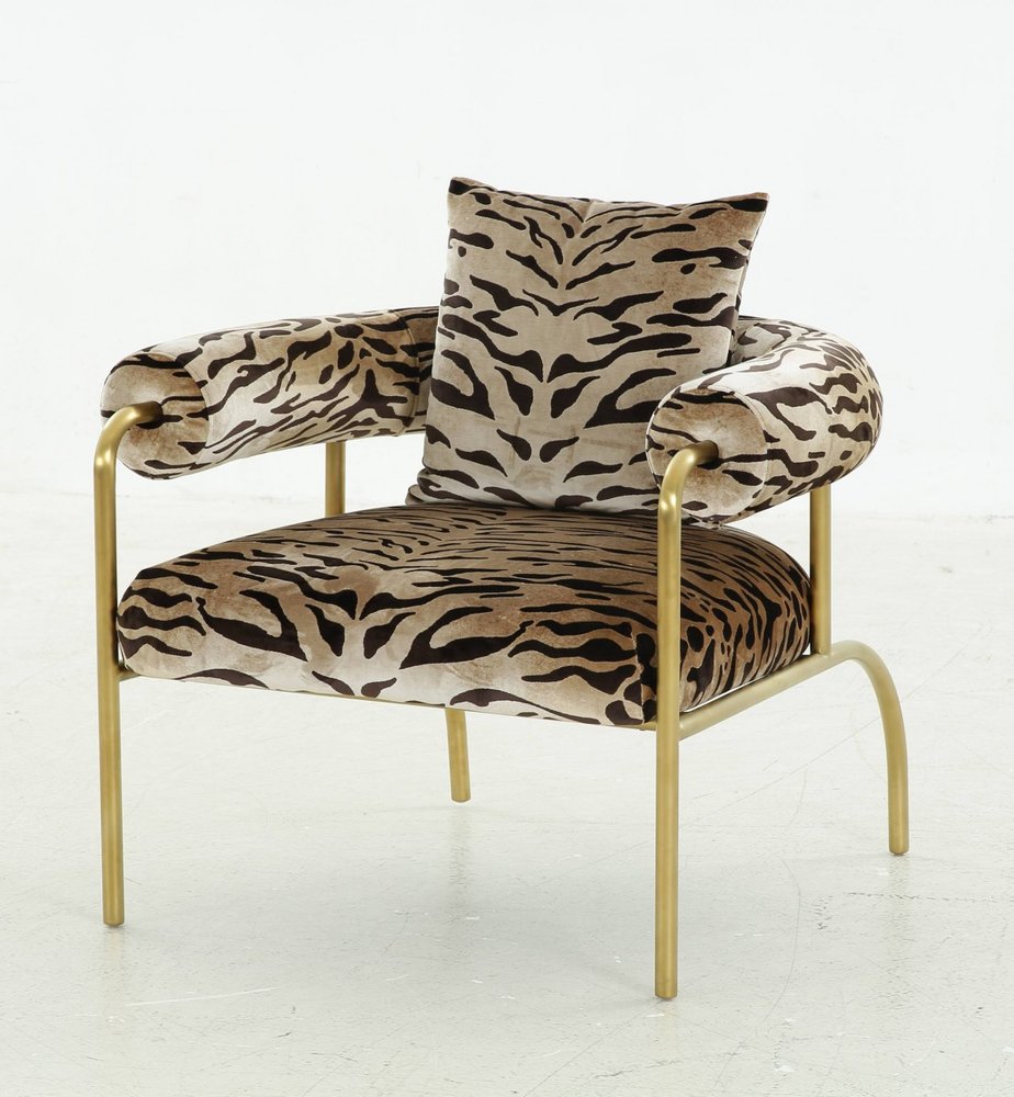 34" Beige And Black And Gold Upholstered Animal Print Barrel Chair