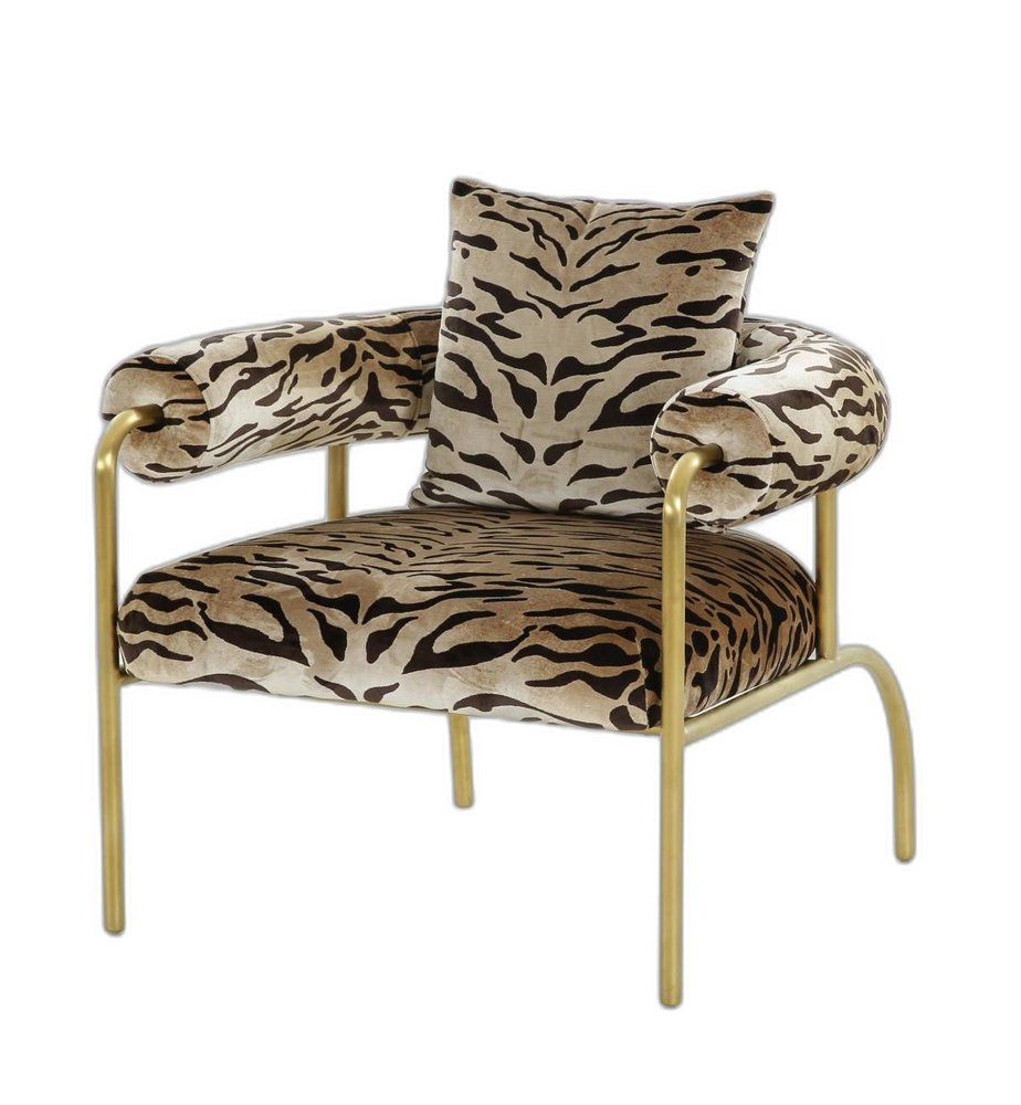34" Beige And Black And Gold Upholstered Animal Print Barrel Chair