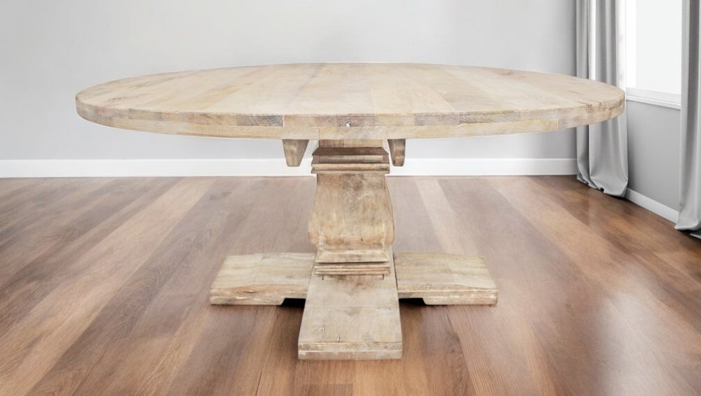 70" Brown Rounded Solid Wood Pedestal Base Dining Table
