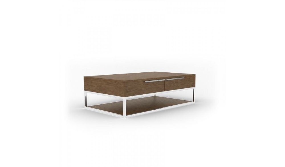 47" Brown and Silver Wood And Stainless Steel Floor Shelf Coffee Table With Two Drawers And Shelf
