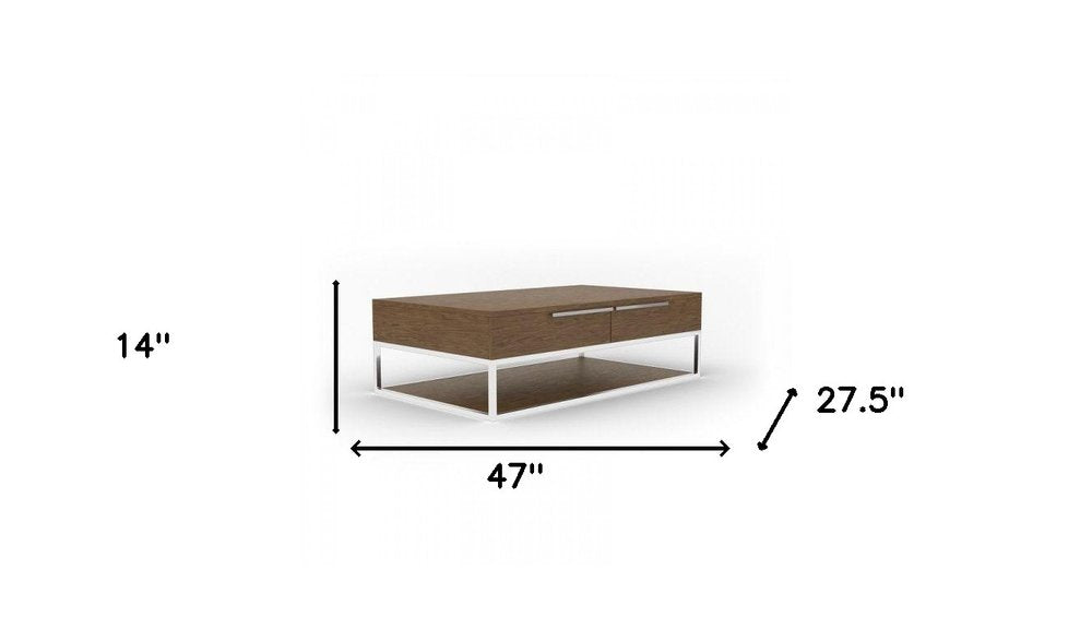 47" Brown and Silver Wood And Stainless Steel Floor Shelf Coffee Table With Two Drawers And Shelf