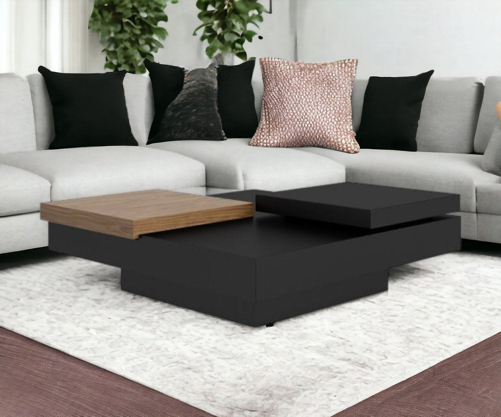 39" Brown and Black Wood Square Block Coffee Table With Drawer