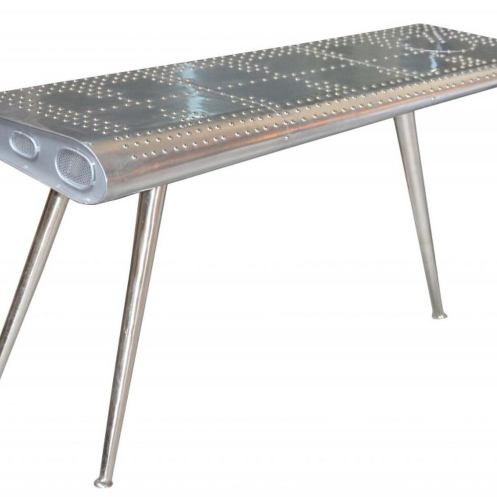 56" Silver Aluminum and Solid Wood Three Leg Console Table