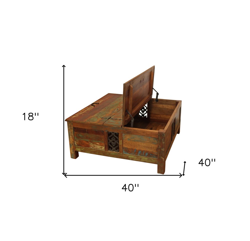 40" Brown Solid Wood Square Lift Top Solid Trunk Coffee Table