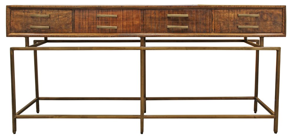 72" Brown and Brass Solid Wood Distressed Six Leg Console Table With Four Drawers