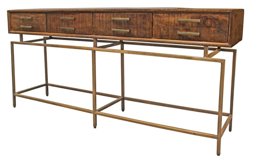 72" Brown and Brass Solid Wood Distressed Six Leg Console Table With Four Drawers