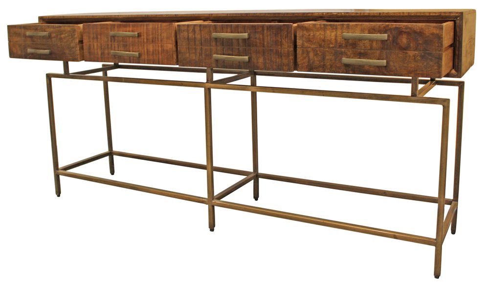 72" Brown and Brass Solid Wood Distressed Six Leg Console Table With Four Drawers