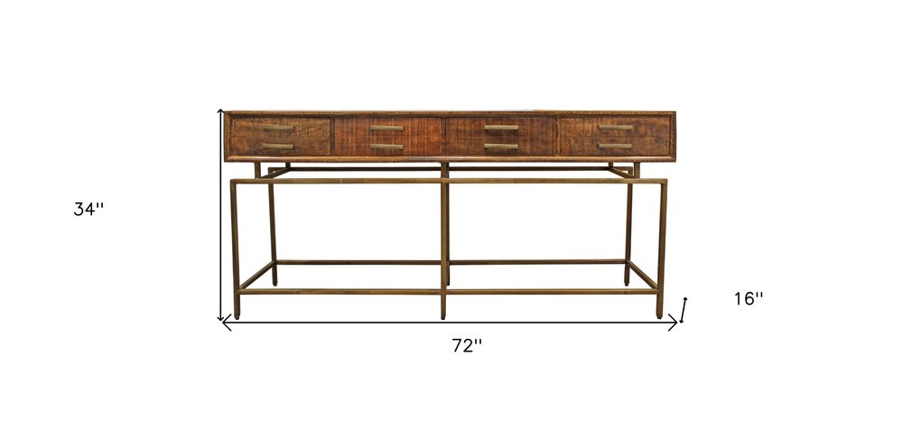 72" Brown and Brass Solid Wood Distressed Six Leg Console Table With Four Drawers