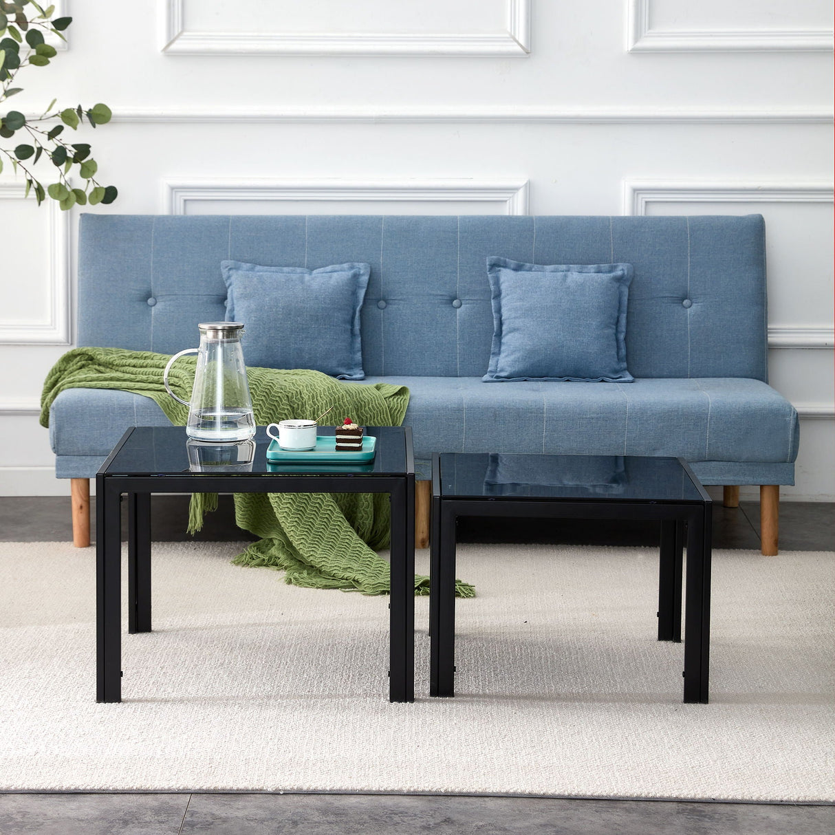 Nesting Coffee Table (Set of 2), Square Modern Stacking Table With Tempered Glass Finish For Living Room by Couch.com