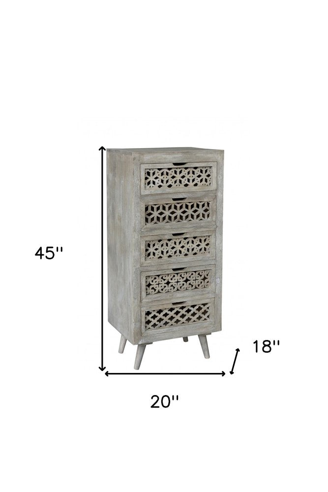 20" Gray Solid Wood Five Drawer Dresser