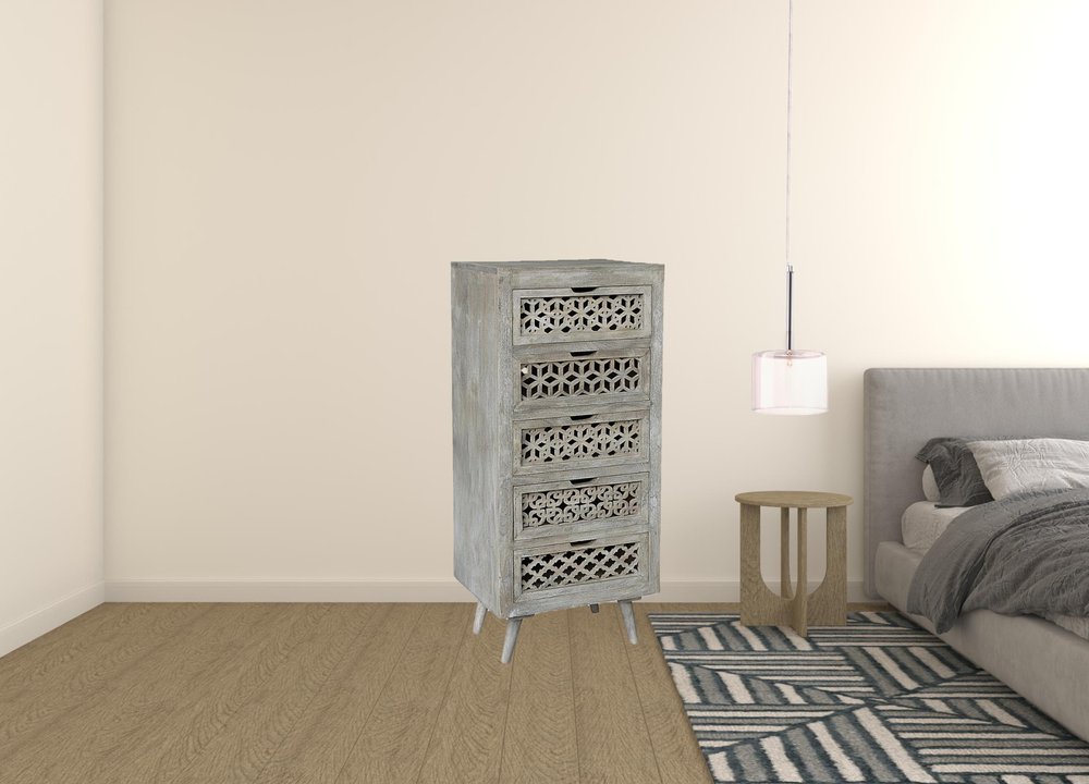 20" Gray Solid Wood Five Drawer Dresser