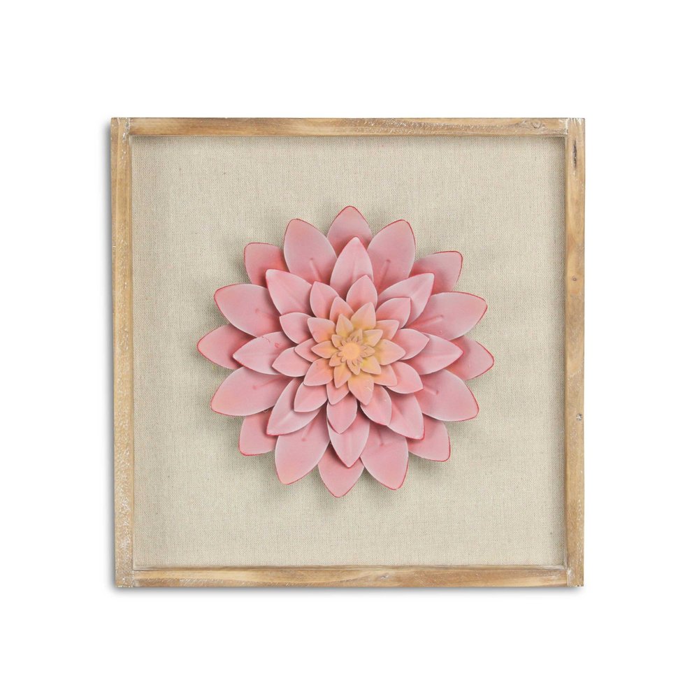 12" X 13" Pink and Off White Flower Wood and Metal Wall Decor