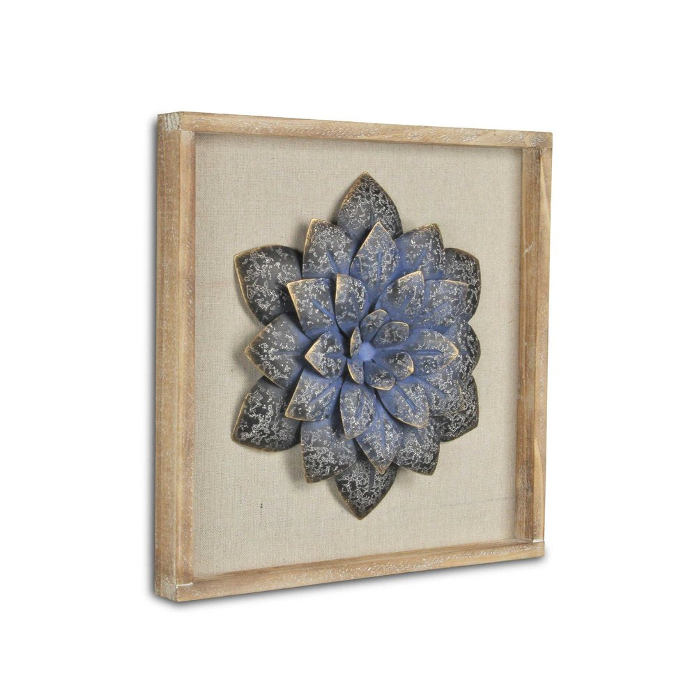 12" X 13" Dark Blue Flower Wood and Metal Wall Decor