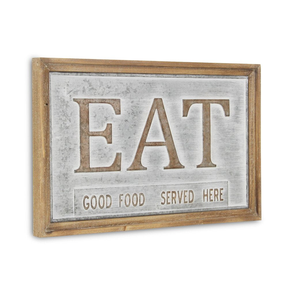 14" X 21" Gray and Brown Eat Wood and Metal Kitchen Wall Decor