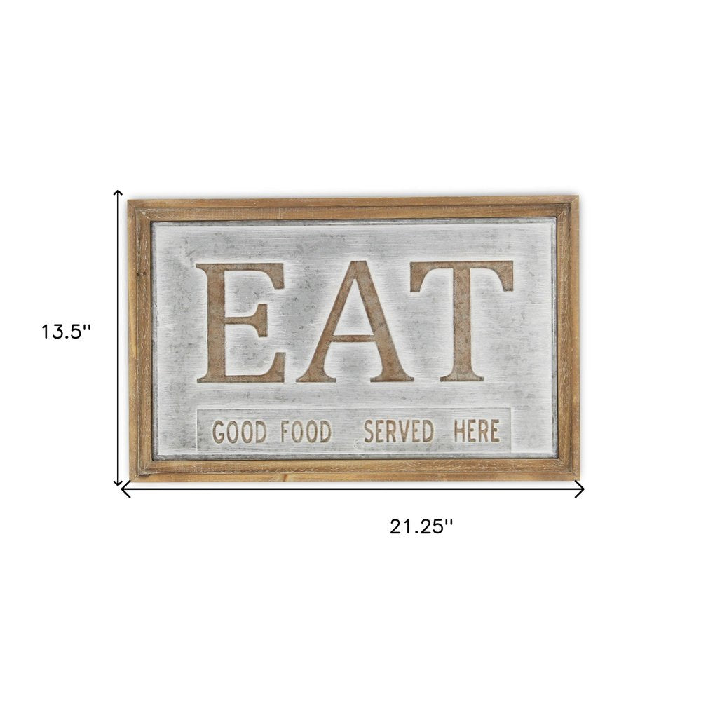 14" X 21" Gray and Brown Eat Wood and Metal Kitchen Wall Decor