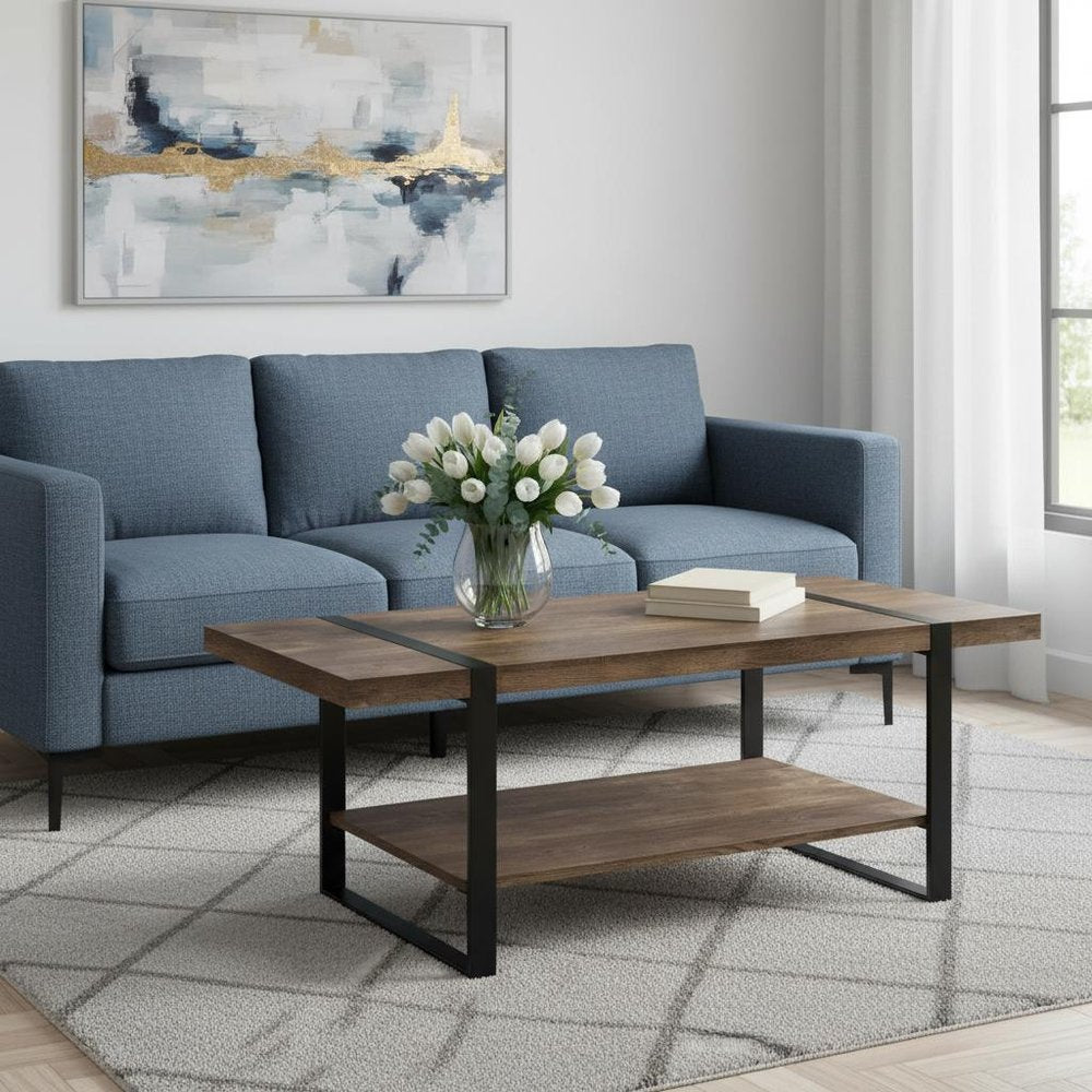 47" Brown And Black Wood Coffee Table With Shelf