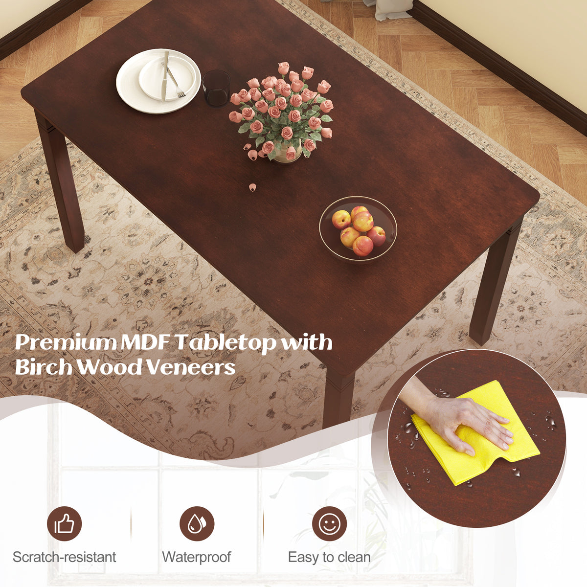 48-Inch Wooden Dining Table for 4 People Rectangular Kitchen Table with Rubber Wood Legs-Cherry