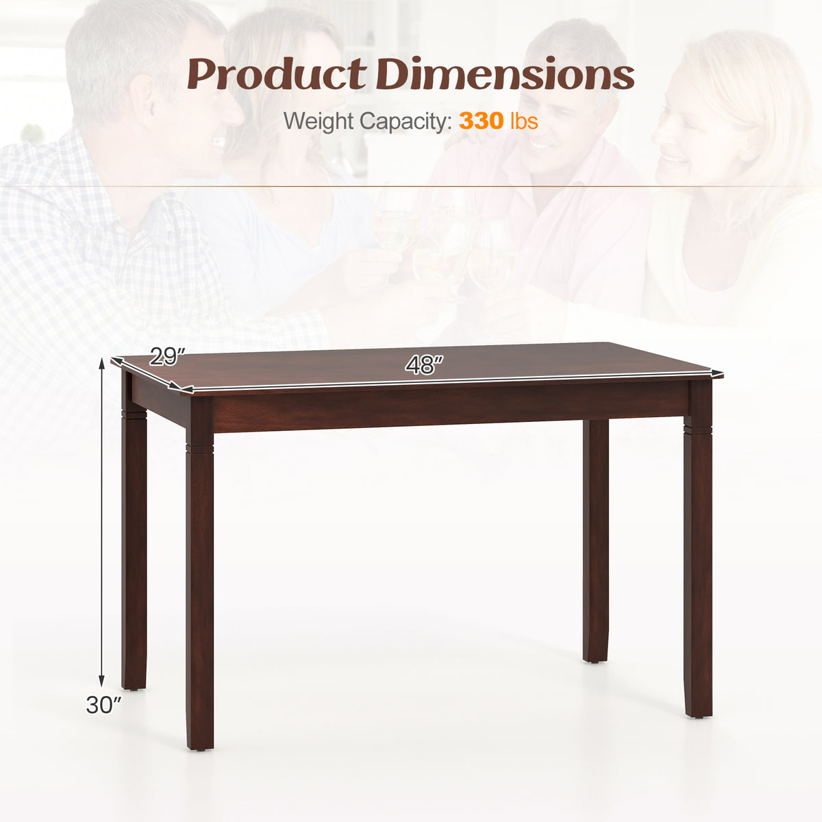 48-Inch Wooden Dining Table for 4 People Rectangular Kitchen Table with Rubber Wood Legs-Cherry