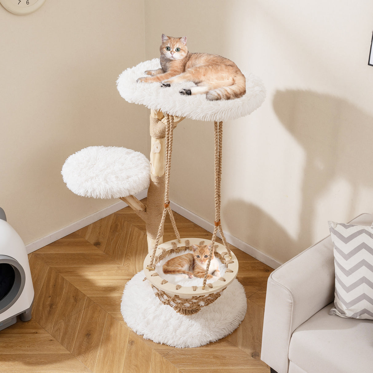 48.5 Inch Solid Wood Cat Tree with Hanging Cradle and Jute Scratching Post-White