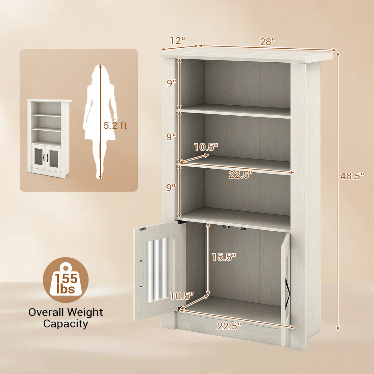 48.5" Modern Bookcase 4-Tier with 2 Translucent Fluted Doors and Anti-Tipping Kits-White
