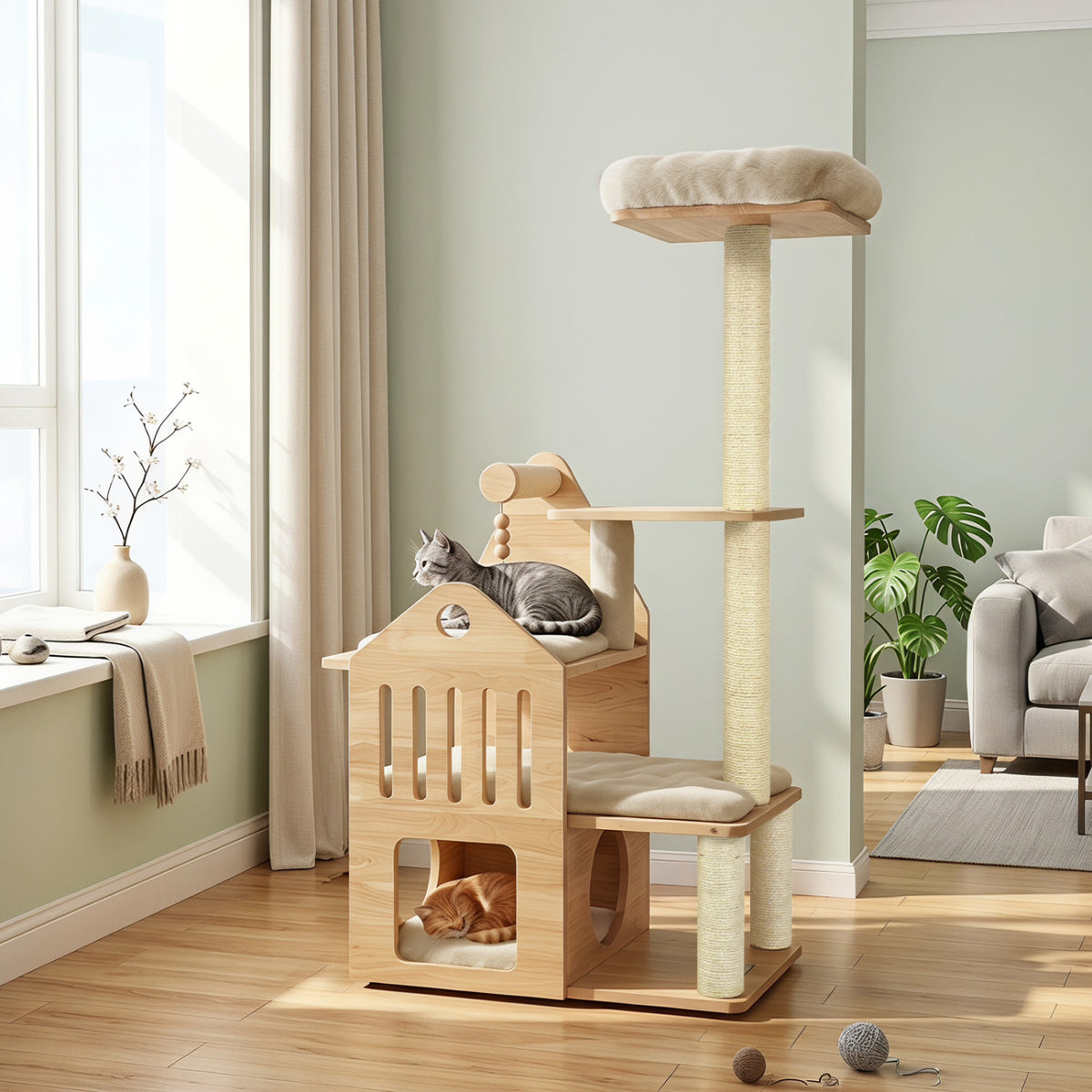48.5" Multi-Level Solid Wood Cat Tree for Indoor Cats with Padded Top Perch Cat Condo and Sisal Scratching Posts-Beige