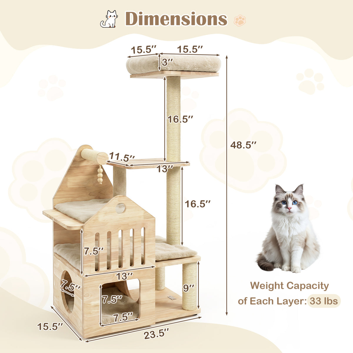 48.5" Multi-Level Solid Wood Cat Tree for Indoor Cats with Padded Top Perch Cat Condo and Sisal Scratching Posts-Beige